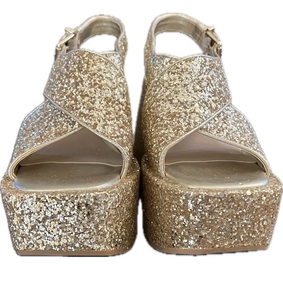 Gianni Bini NWOT GB Gold Glitter Platform Sandals Size 8 Retro Disco Heels - Picture 2 of 8